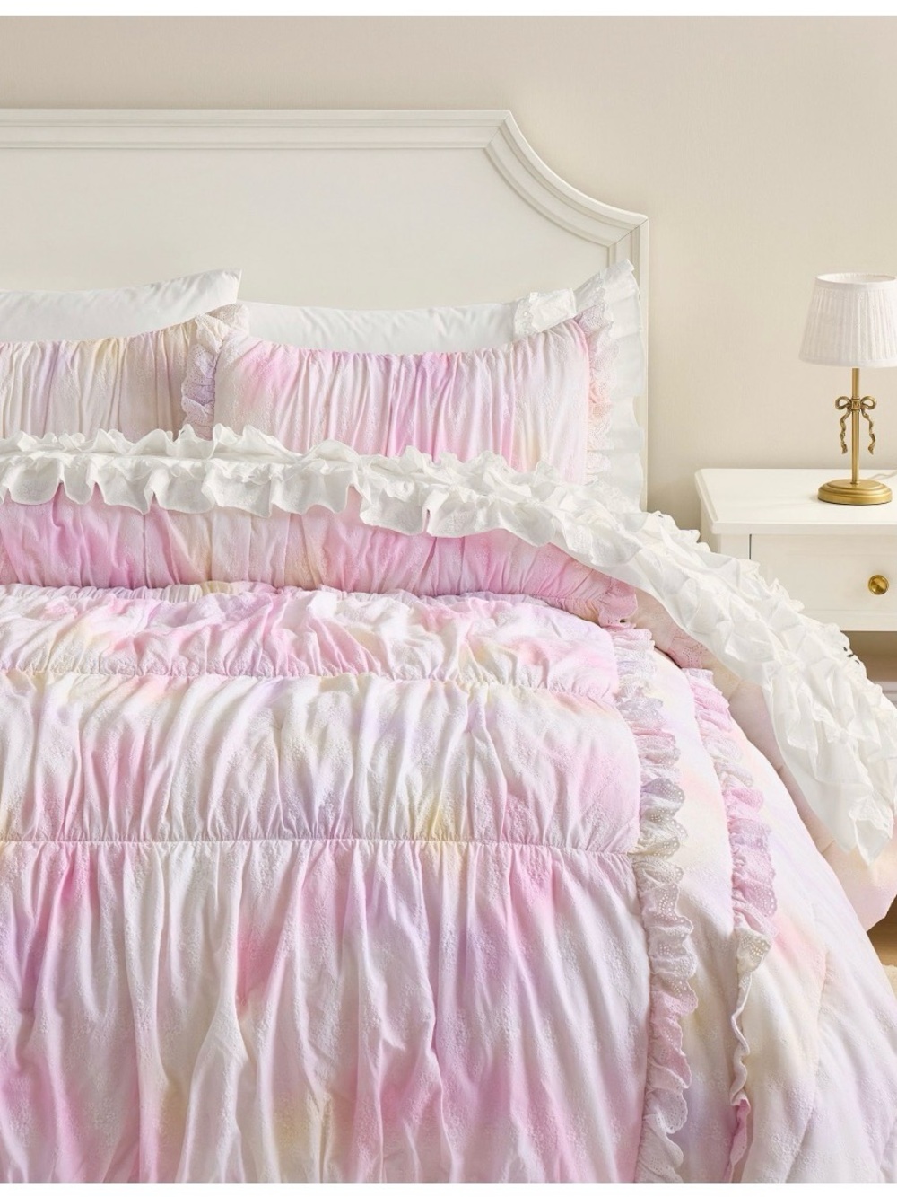 LoveShackFancy Pink and Cream Ruffled Tie-Dye Comforter from Pottery Barn Teen